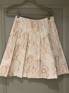 J. Mendel Cream and Peach Floral Pleated A-Line Skirt